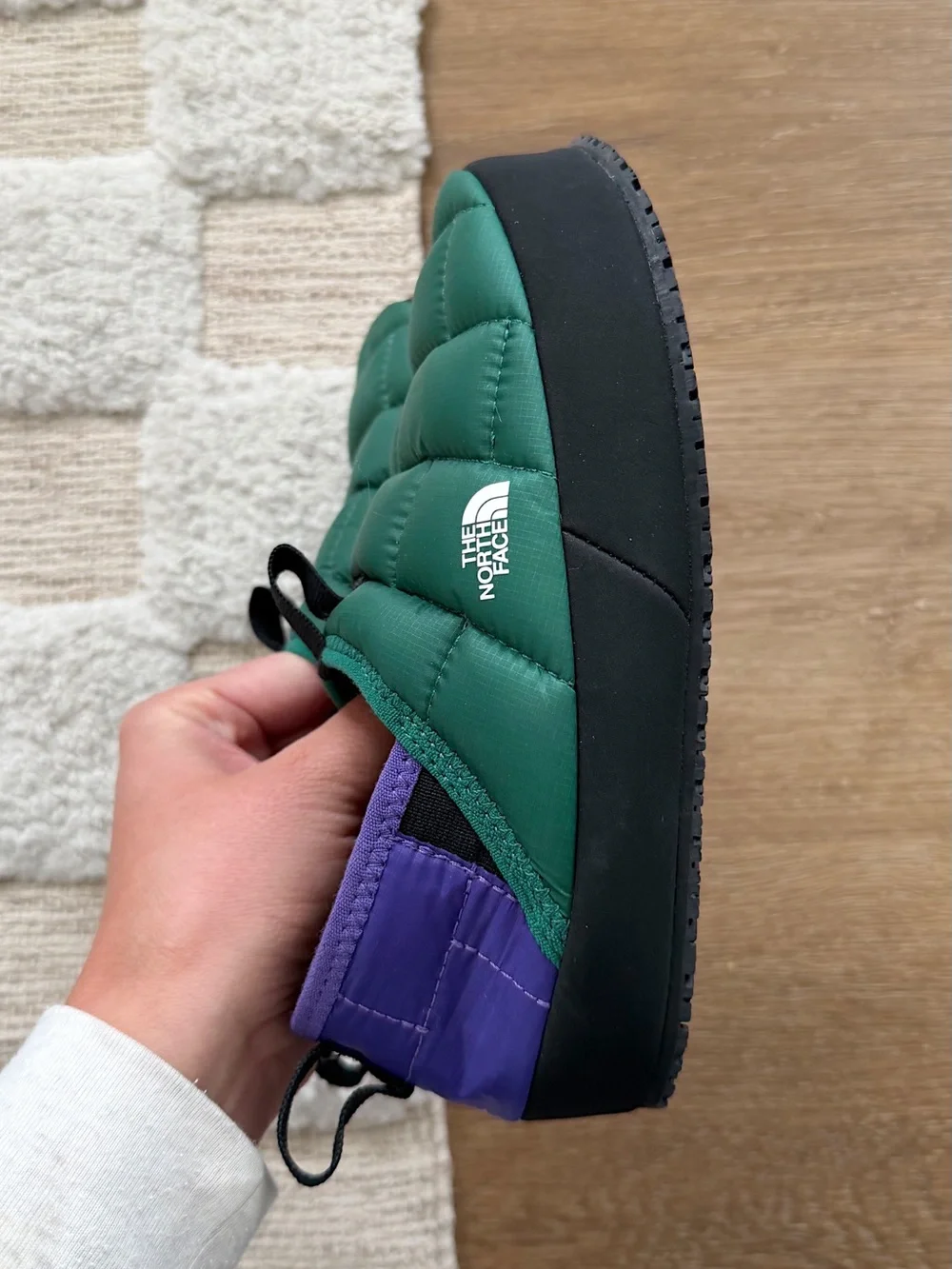 North Face Thermoball Traction Mule II Camp Booties in Evergreen / Peak Purple